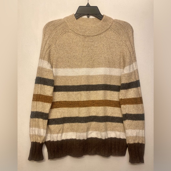 St. John's Bay Beige Brown Gray Striped Knit Crewneck Sweater Women’s Large - Picture 1 of 5